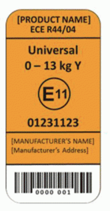 Sticker identifying the European safety standard ECE R44/04, approved for use in New Zealand.