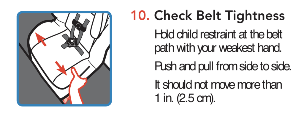 Image showing how much movement is allowed when this child restraint is installed.