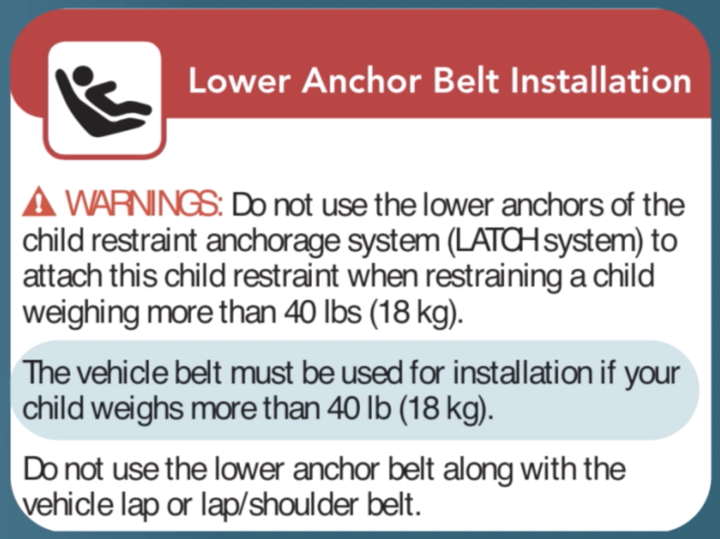 Description from a car seat's instruction manual explaining the weight limit if using the LATCH system to install.